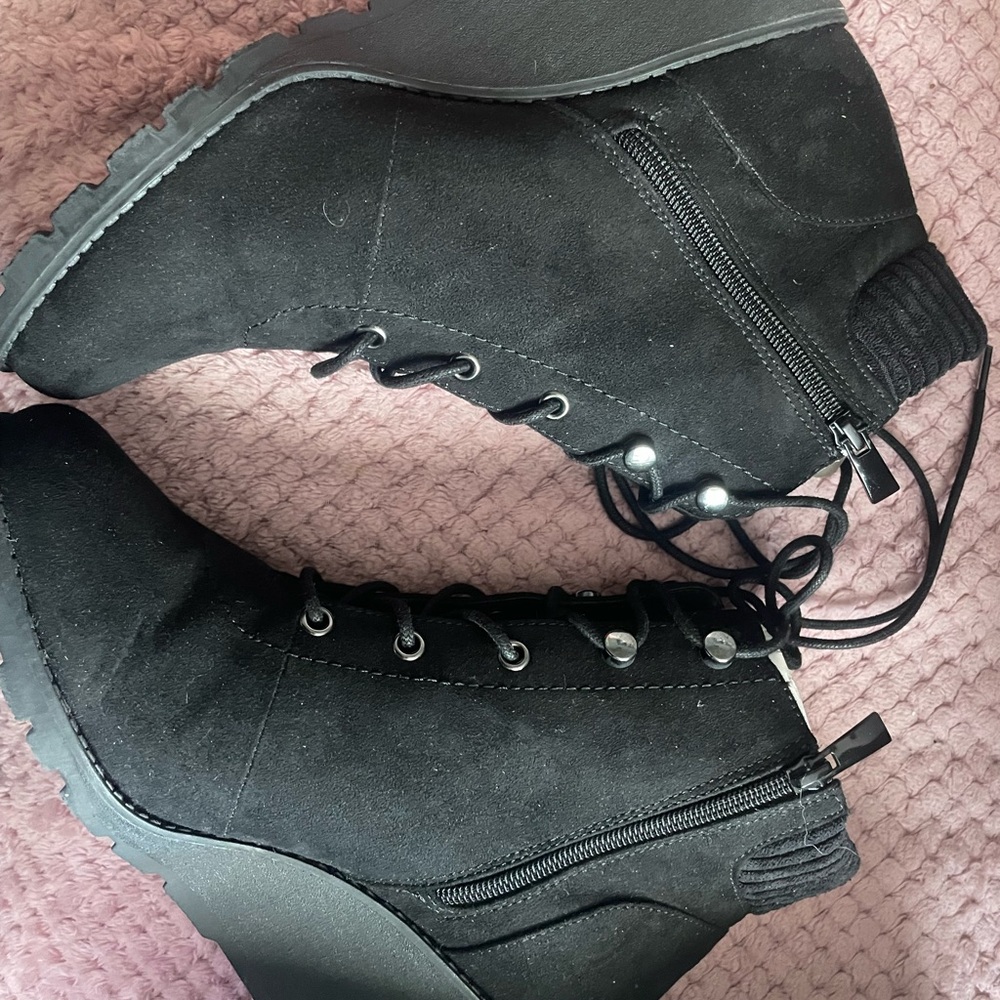 Torrid black sweater lace up wedge bootie